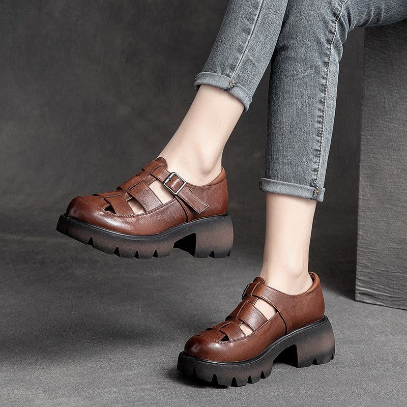 Zomer Vintage Leren Hollow Velcro Casual Sandalen