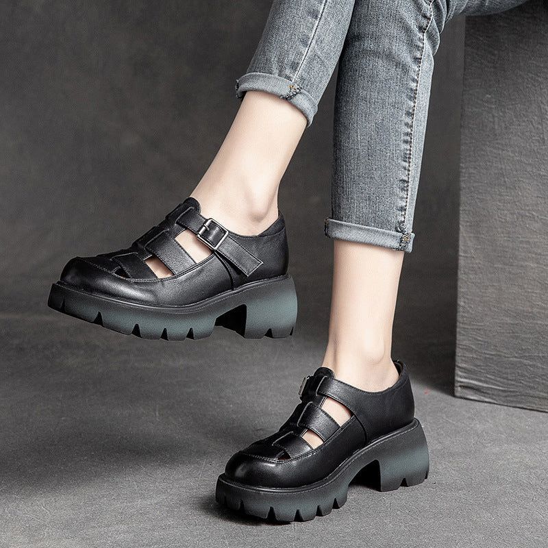 Zomer Vintage Leren Hollow Velcro Casual Sandalen