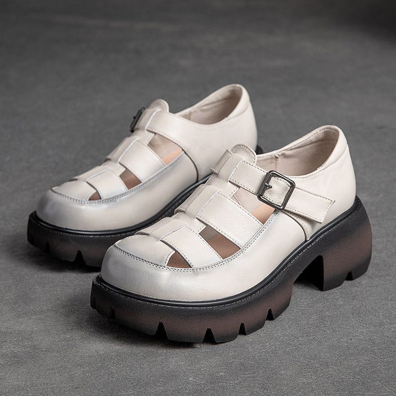 Zomer Vintage Leren Hollow Velcro Casual Sandalen