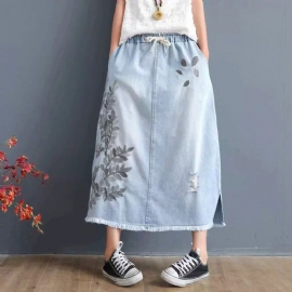 Bladeren Geborduurde Burr Dames Denim Rok