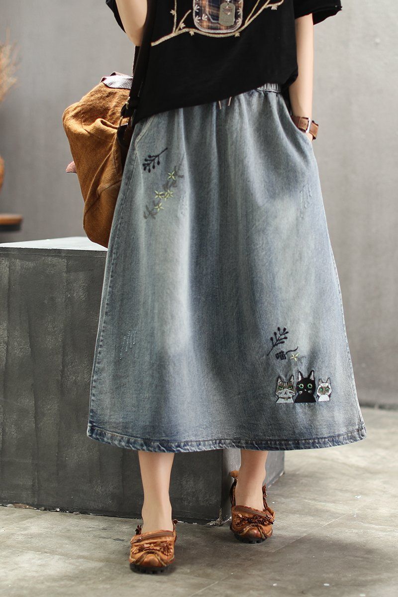 Geborduurde Denim Retro Art Dames Lange Rok