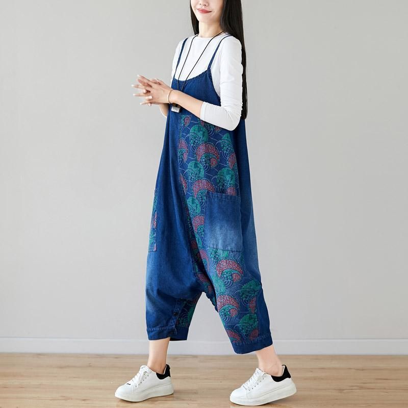 Herfst Denim Slabbetje Loshangende Retro Bedrukte Rok Jumpsuit