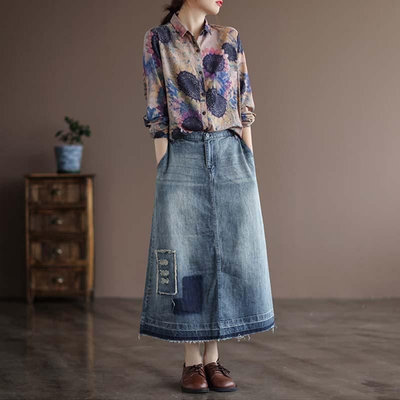 Herfst Retro Hollow A-lijn Denim Rok