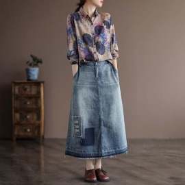 Herfst Retro Hollow A-lijn Denim Rok