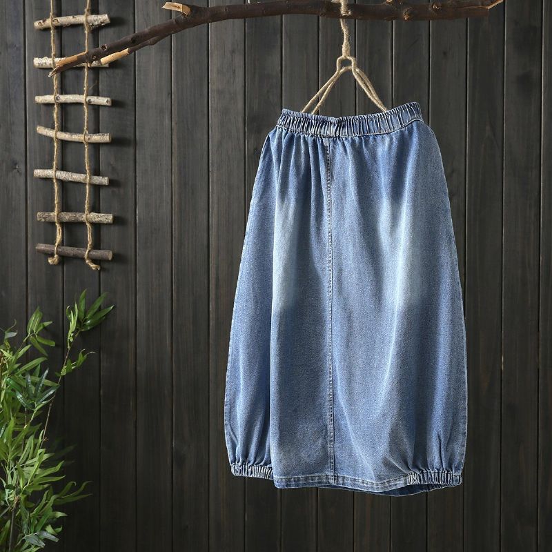 Herfst Stiksels Vintage Denim Damesrok Blauw