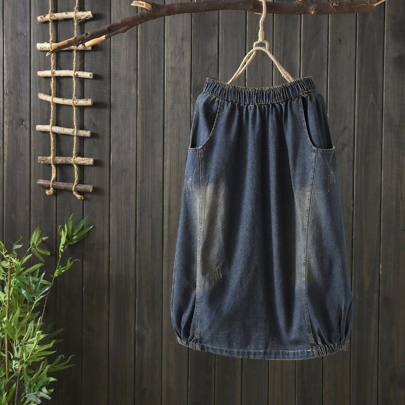 Herfst Stiksels Vintage Denim Damesrok Blauw