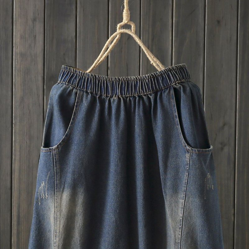 Herfst Stiksels Vintage Denim Damesrok Blauw