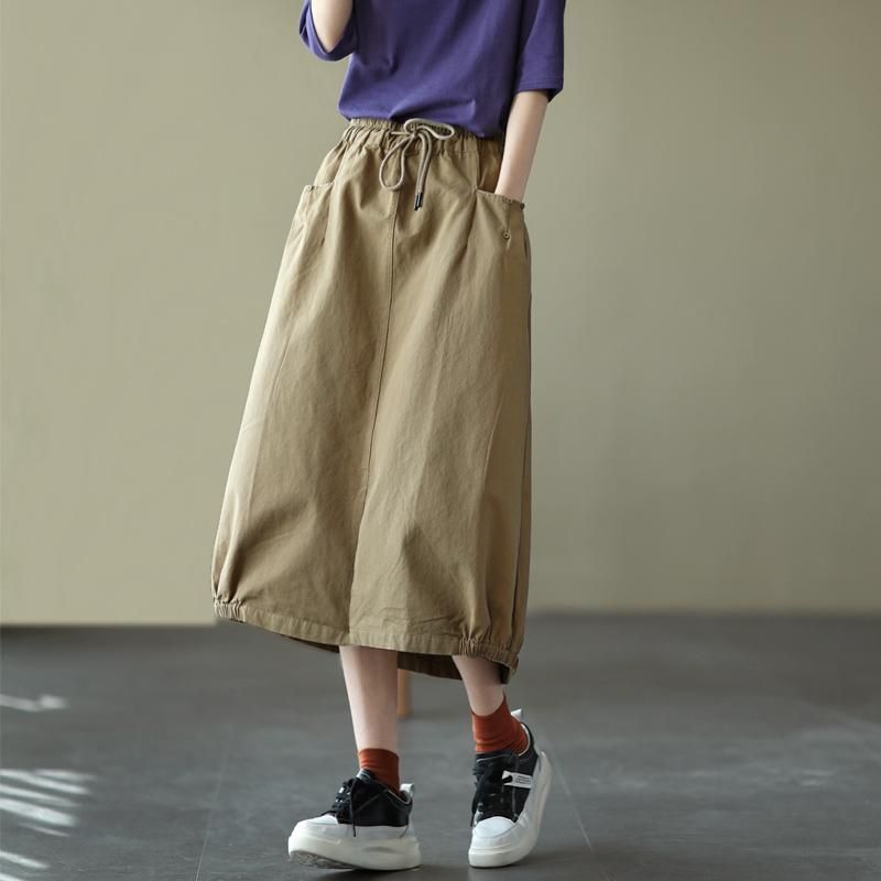 Kant Elastische Taille Casual Rok Khaki