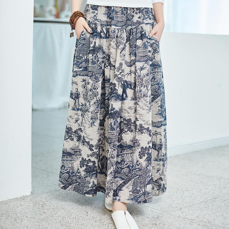 Katoenen Linnen Print Losse Vintage Rok