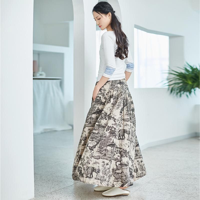 Katoenen Linnen Print Losse Vintage Rok