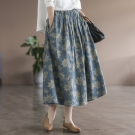 Lente Retro Leaf Print Hoge Taille Katoen Linnen Rok