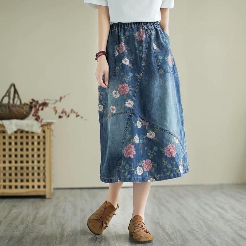 Retro Bloemen Losse Casual Patchwork Denim Rok