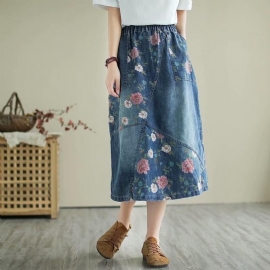 Retro Bloemen Losse Casual Patchwork Denim Rok