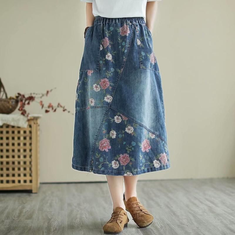 Retro Bloemen Losse Casual Patchwork Denim Rok