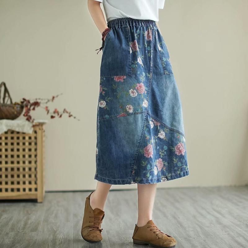 Retro Bloemen Losse Casual Patchwork Denim Rok