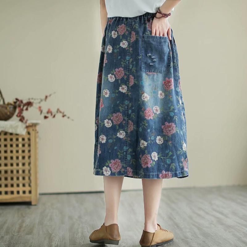 Retro Bloemen Losse Casual Patchwork Denim Rok