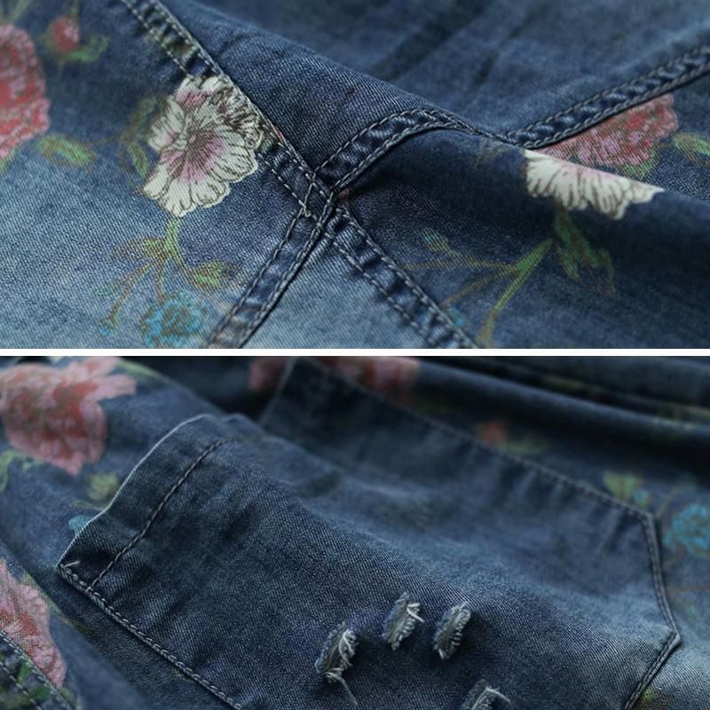 Retro Bloemen Losse Casual Patchwork Denim Rok