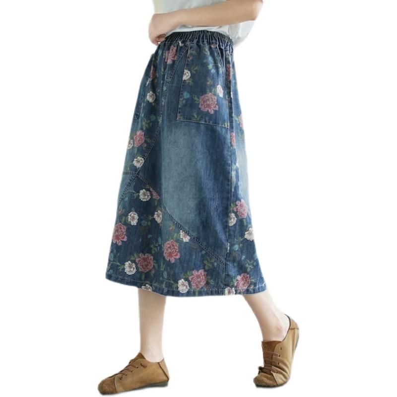 Retro Bloemen Losse Casual Patchwork Denim Rok