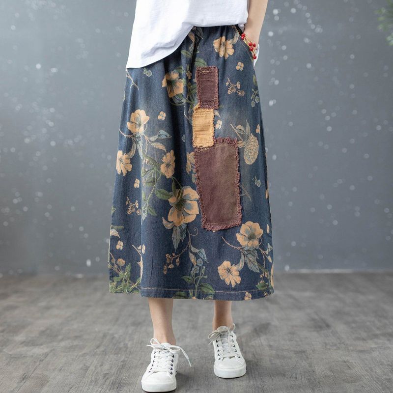 Retro Bloemen Patchwork A-linnen Katoenen Denim Rok