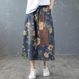 Retro Bloemen Patchwork A-linnen Katoenen Denim Rok