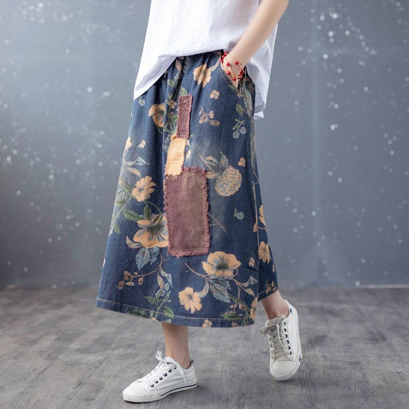 Retro Bloemen Patchwork A-linnen Katoenen Denim Rok