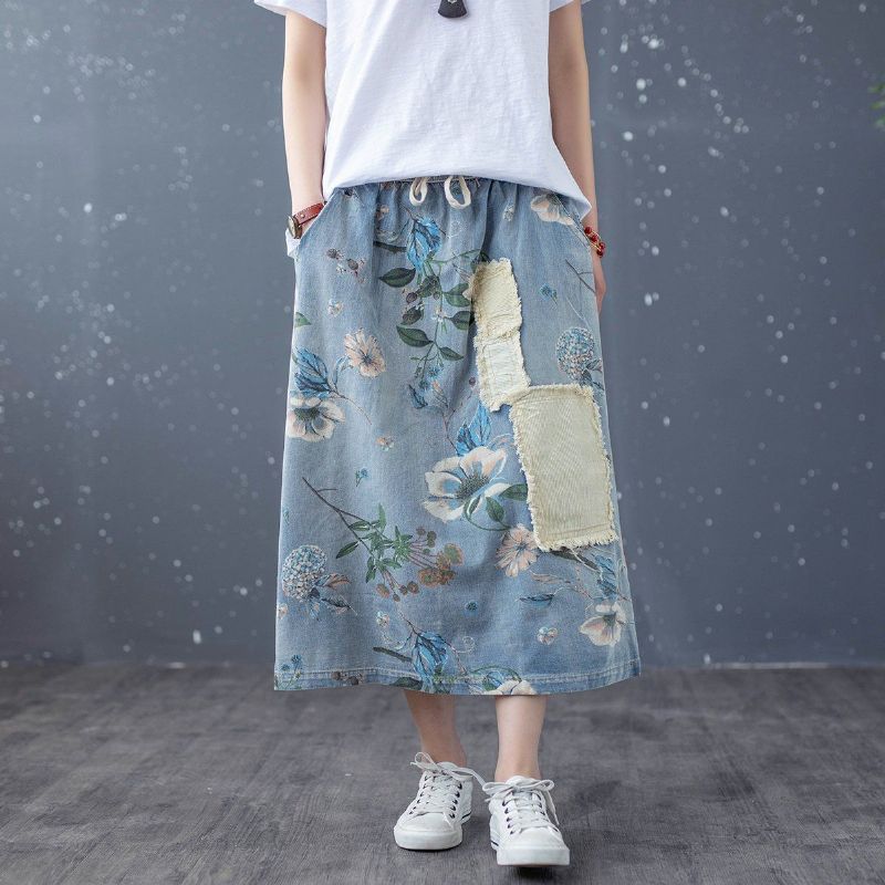 Retro Bloemen Patchwork A-linnen Katoenen Denim Rok