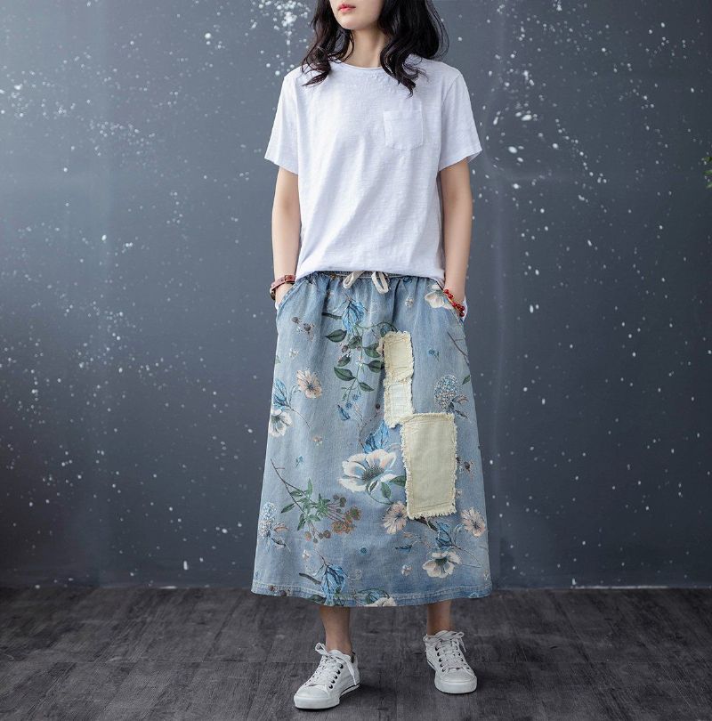 Retro Bloemen Patchwork A-linnen Katoenen Denim Rok