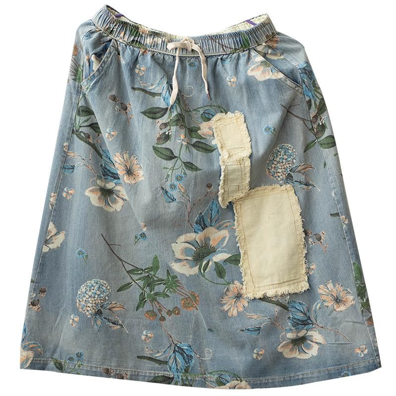 Retro Bloemen Patchwork A-linnen Katoenen Denim Rok