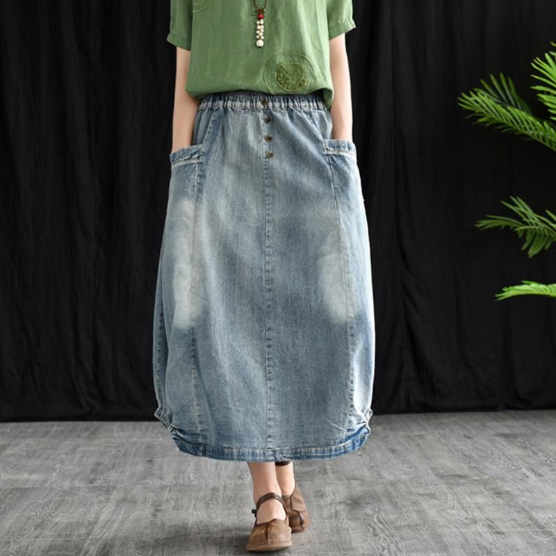 Retro Denim Elastische Taille A-lijn Rok