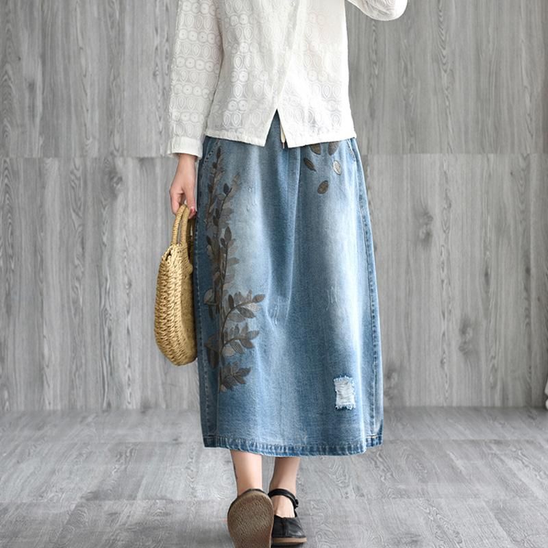 Retro Geborduurde Denim Losse Rok