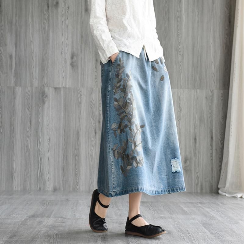 Retro Geborduurde Denim Losse Rok