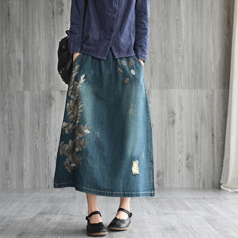 Retro Geborduurde Denim Losse Rok