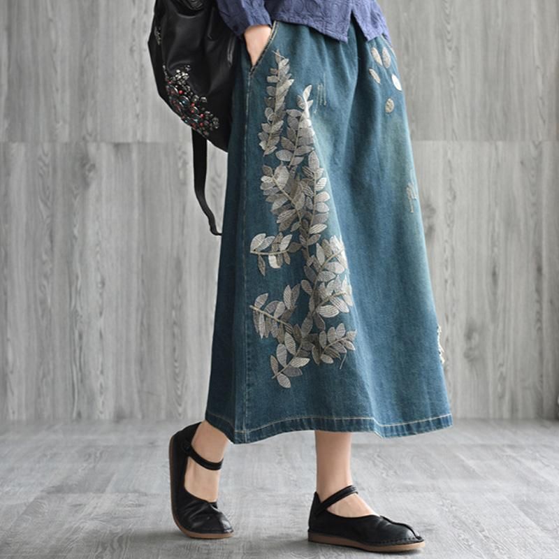 Retro Geborduurde Denim Losse Rok