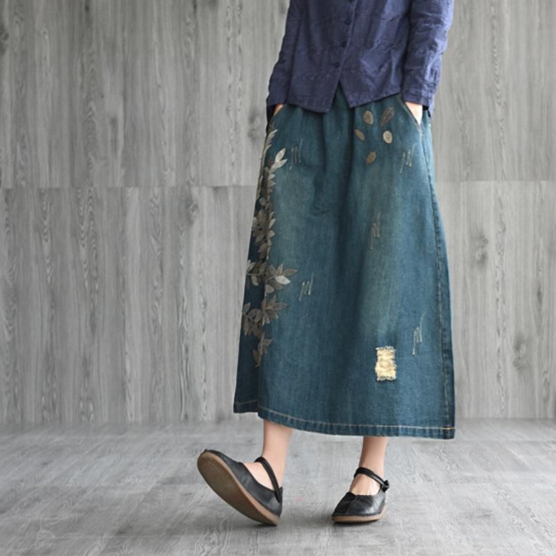 Retro Geborduurde Denim Losse Rok