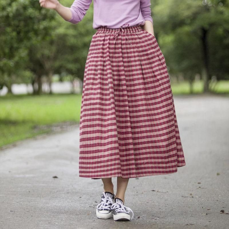 Retro Gestreepte A-lijn Hoge Taille Katoenen Linnen Rok