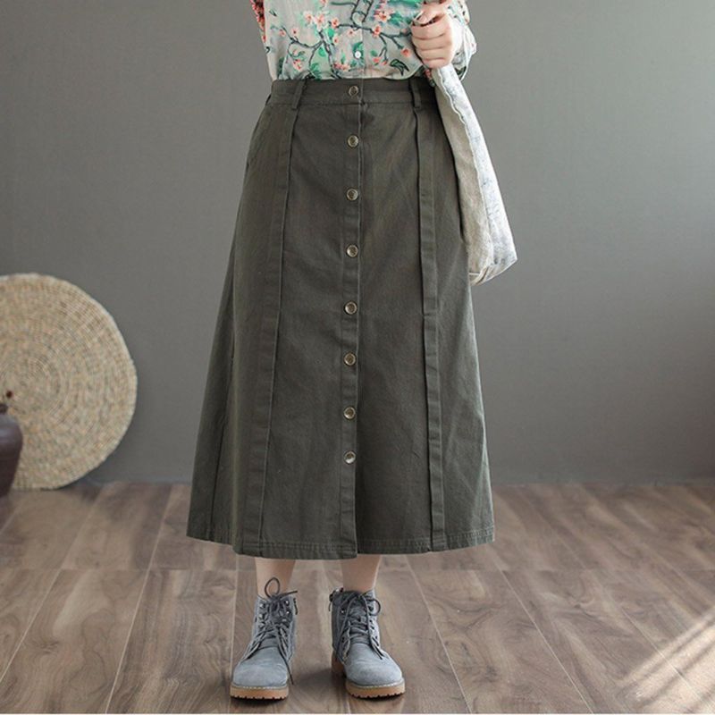 Retro Katoenen Rok Met Front-breasted