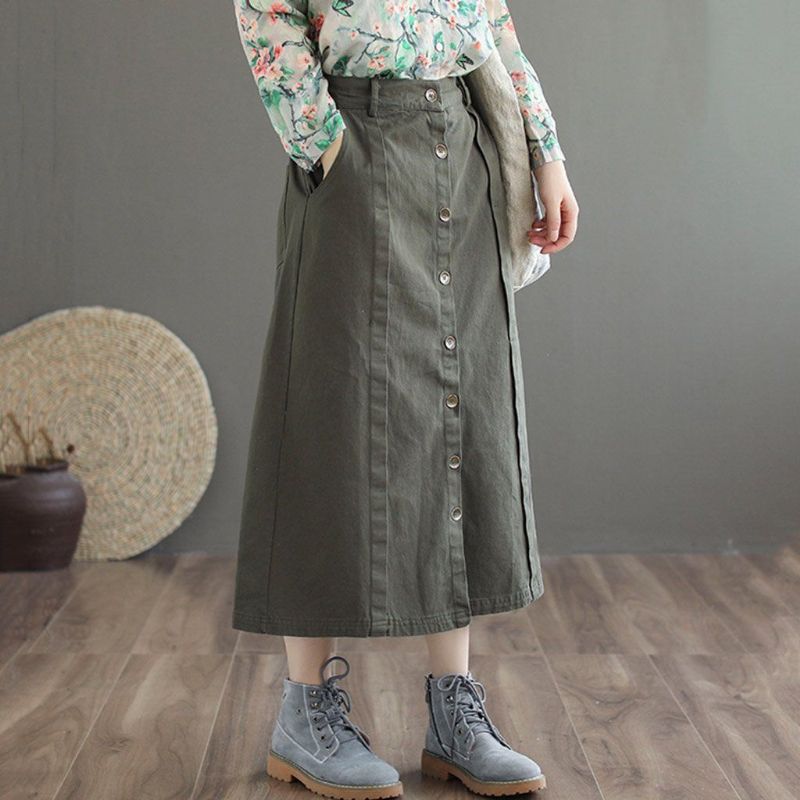 Retro Katoenen Rok Met Front-breasted