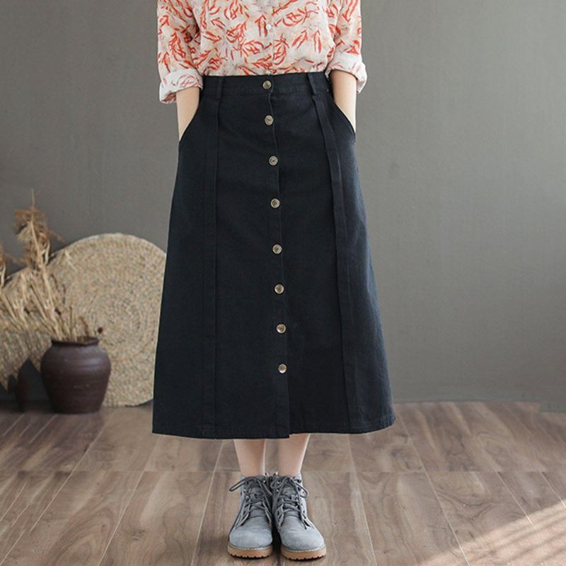 Retro Katoenen Rok Met Front-breasted