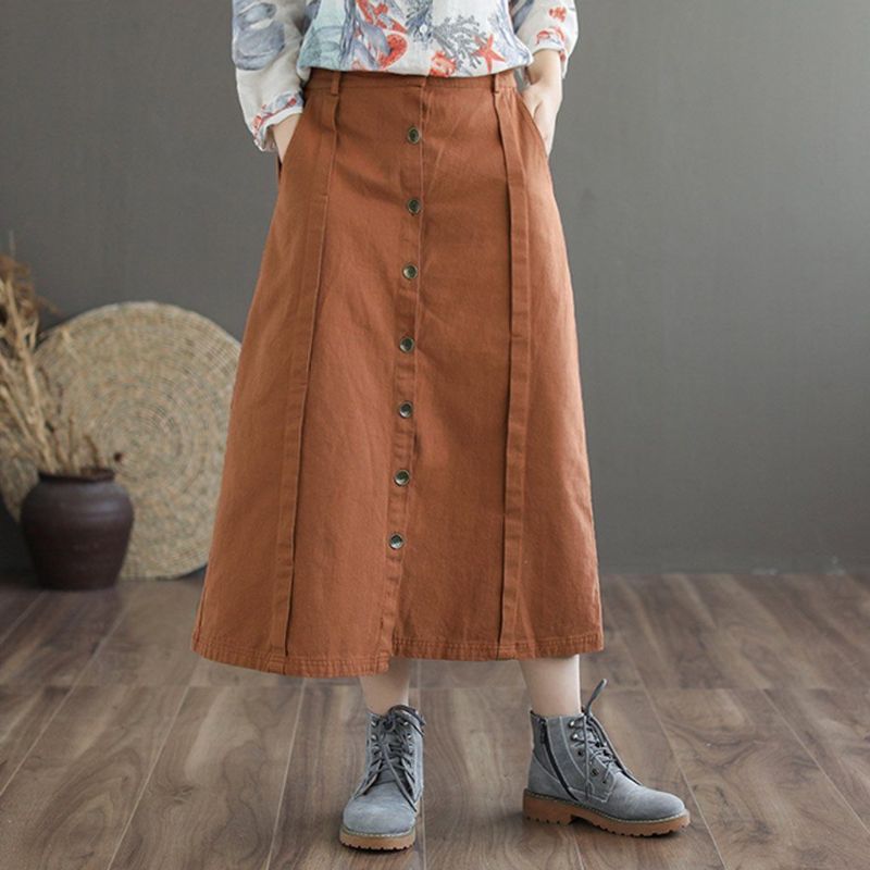 Retro Katoenen Rok Met Front-breasted