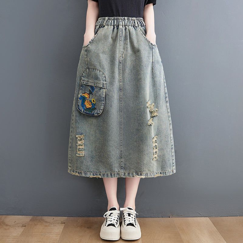 Vintage Gescheurde Losse A-lijn Zomer Denim Rok