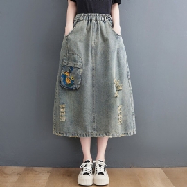 Vintage Gescheurde Losse A-lijn Zomer Denim Rok