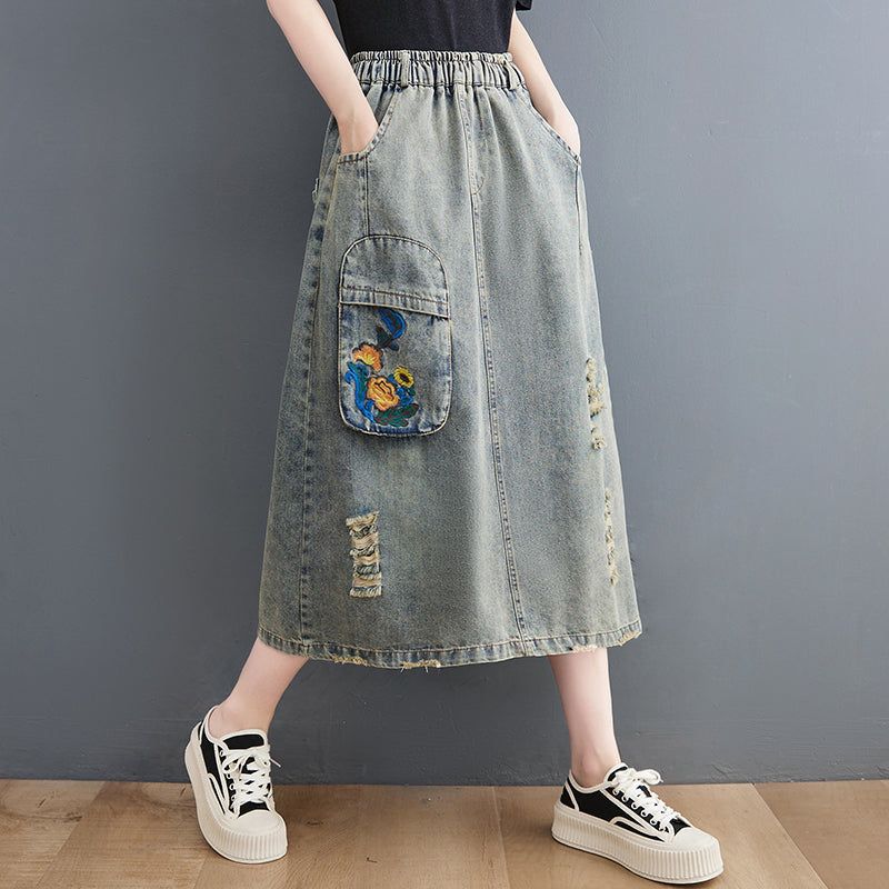 Vintage Gescheurde Losse A-lijn Zomer Denim Rok