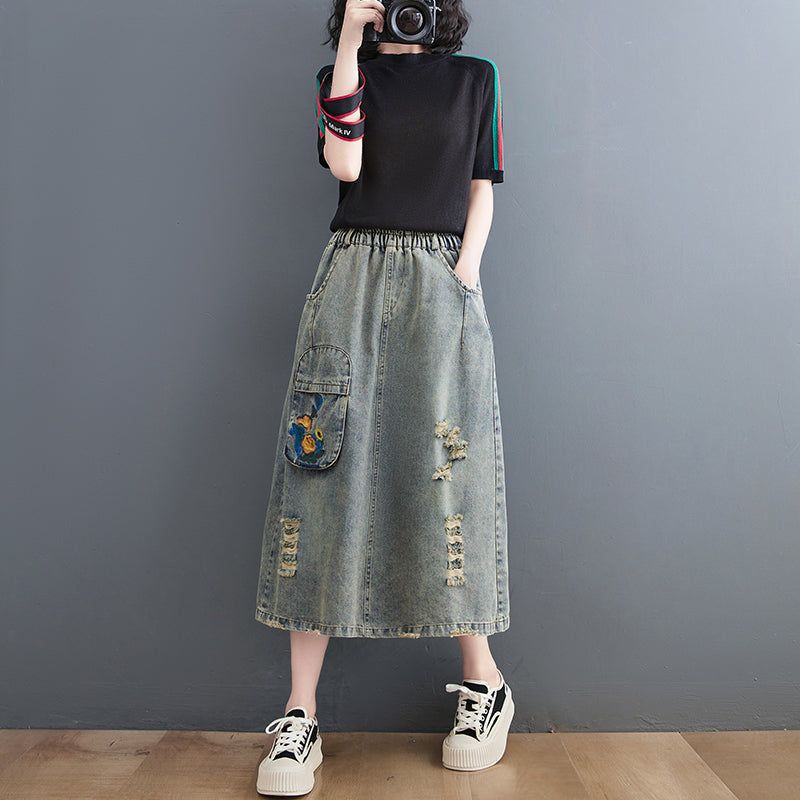 Vintage Gescheurde Losse A-lijn Zomer Denim Rok