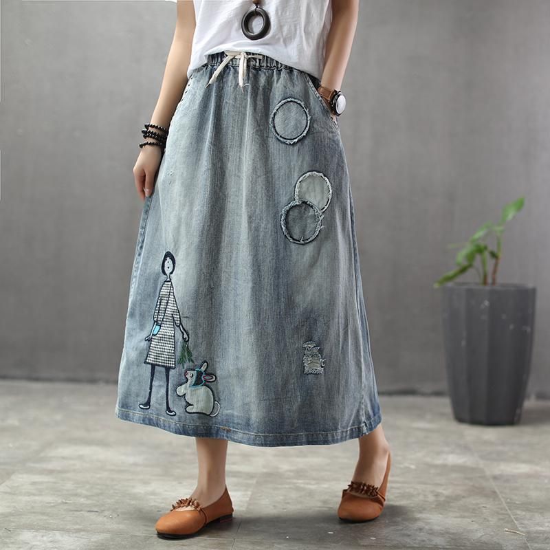 Zomer Dunne Cartoon Geborduurde Patch Swing Denim Rok