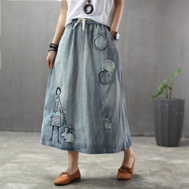 Zomer Dunne Cartoon Geborduurde Patch Swing Denim Rok