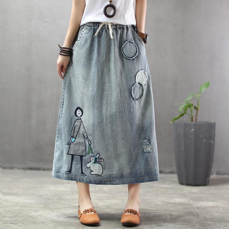 Zomer Dunne Cartoon Geborduurde Patch Swing Denim Rok