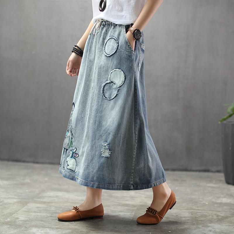 Zomer Dunne Cartoon Geborduurde Patch Swing Denim Rok