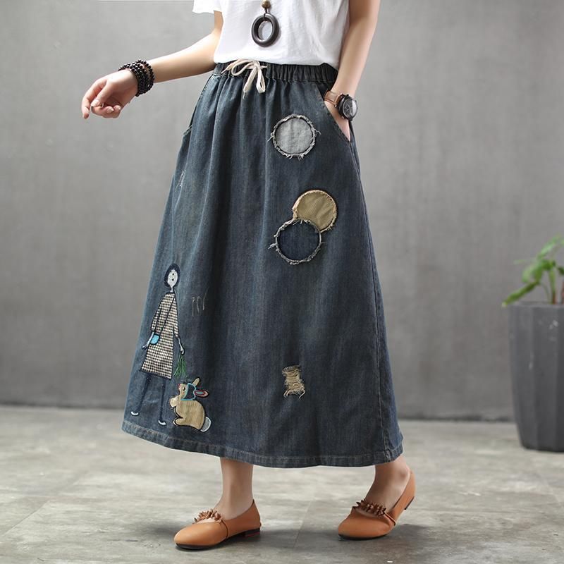 Zomer Dunne Cartoon Geborduurde Patch Swing Denim Rok