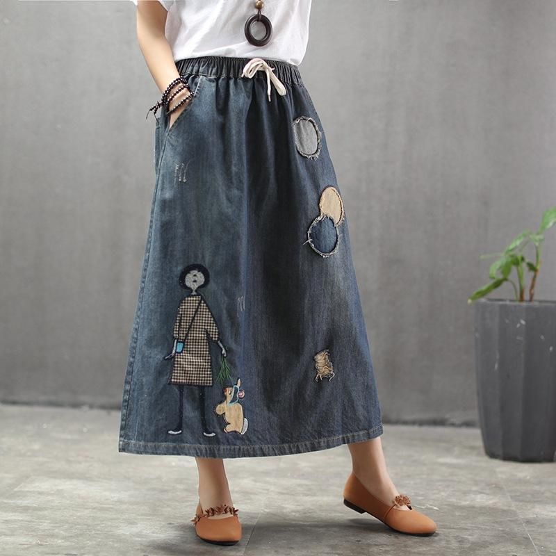 Zomer Dunne Cartoon Geborduurde Patch Swing Denim Rok