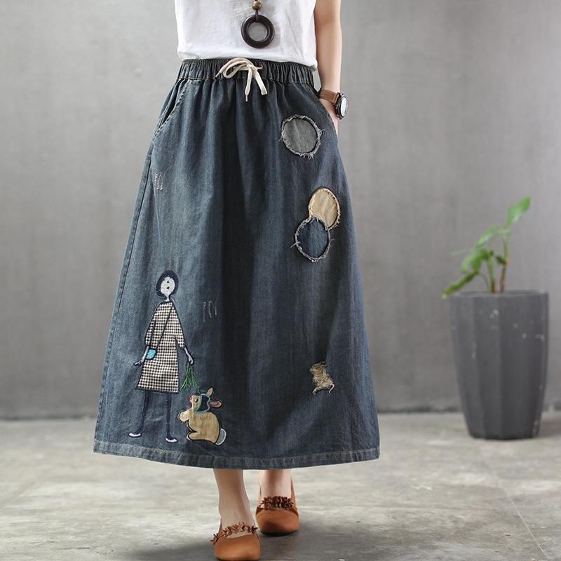 Zomer Dunne Cartoon Geborduurde Patch Swing Denim Rok